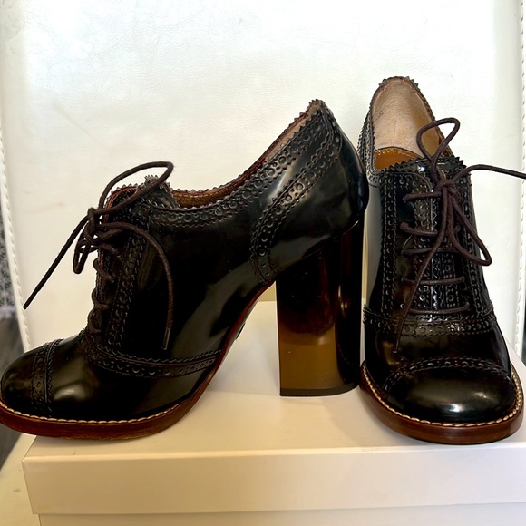 Dolce&Gabbana Brown Patent Leather Lace Up Loafer Pumps chunky heels retro 38.5 - Picture 3 of 17